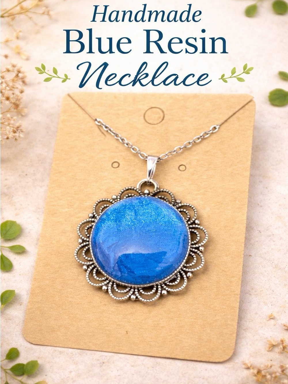 Handmade Blue Resin Pendant Necklace with Silver-Tone Floral Frame